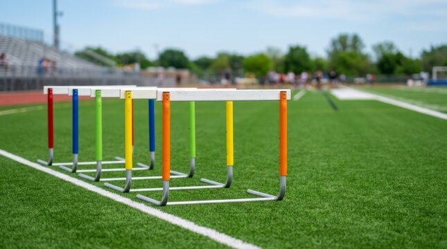 Colored athletic hurdles lined up on a green turf track to represent preparation, training progression, and overcoming obstacles in sports performance and fitness development