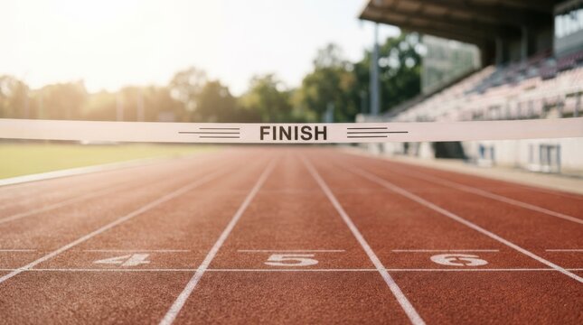 Finish line tape stretched across an empty stadium running track with numbered lanes representing success, goal achievement, and the final stage of a competitive performance challenge