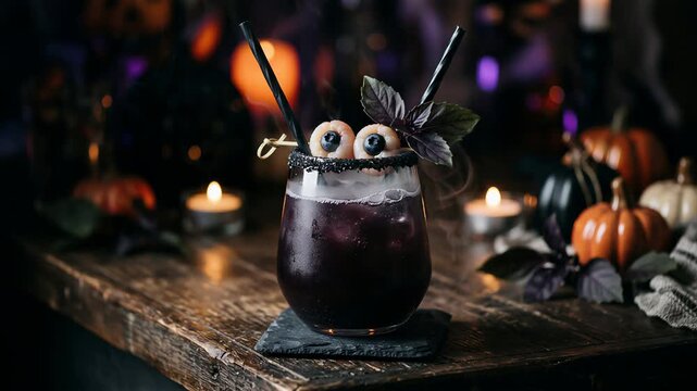 Halloween cocktail garnished with edible eyeballs on a rustic table. Spooky seasonal drink. Halloween party refreshments and festive beverage styling. Pumpkin decor.