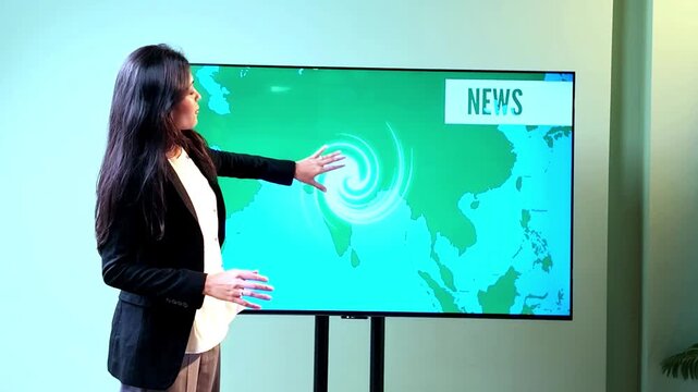 Indian female news reporter presenting a cyclone weather report beside a large LED TV displaying a map of India with cyclone formation and storm tracking graphics.