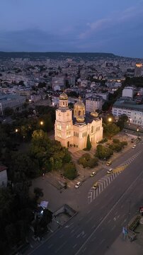 Dormition of the Theotokos Cathedral illuminated at twilight in Varna Bulgaria