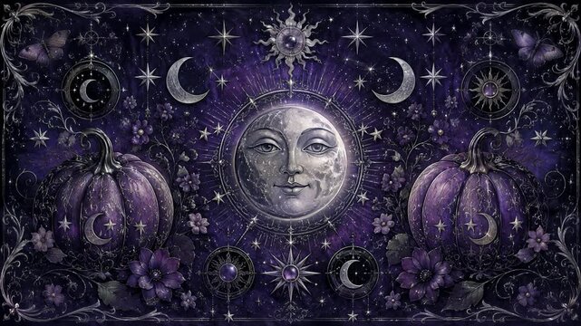 Whimsigoth Halloween illustration with moon face, purple pumpkins, flowers and celestial stars. Gothic autumn holiday design. Witchy celestial art and mystical night sky. Decorative banner.