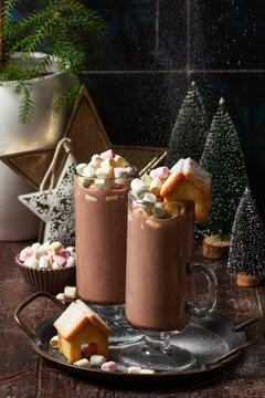 Hot Cocoa with Marshmallows and Gingerbread House