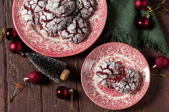 Red Velvet Crinkle Cookies with Christmas Decorations