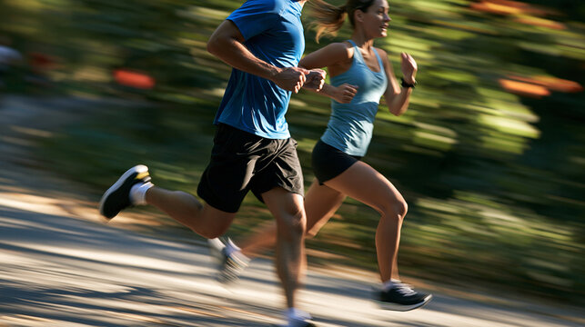 Faceless couple with motion blur on a forest runner path, speed, cardio wellness and marathon practice, with copy space