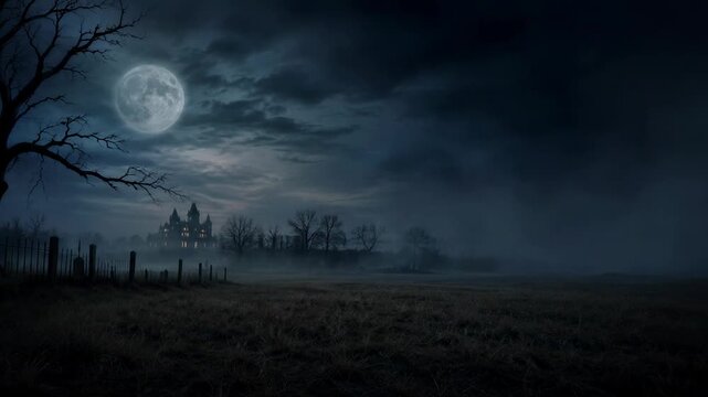 Haunted house beyond a foggy field beneath the full moon. Halloween night landscape. Gothic horror and spooky seasonal background. Eerie countryside, copy space.