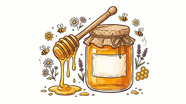 Honey jar with wooden dipper and bee in flat vector illustration