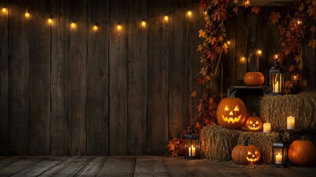 Halloween pumpkins and jack o lanterns on hay bales beside rustic wooden wall. Autumn holiday celebration. Festive seasonal background with copy space. Fall decoration