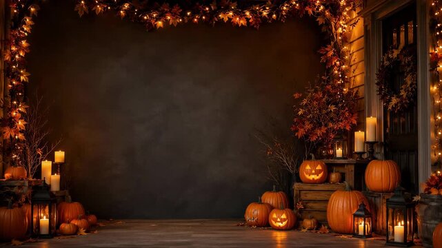 Halloween porch decorated with pumpkins, autumn leaves and candles around dark empty space. Seasonal holiday greeting card background. Rustic autumn celebration and copy space.