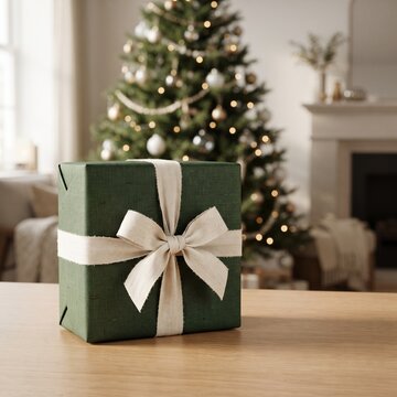 A festive Christmas gift wrapped in elegant green paper with a cream ribbon and bow sits on a wooden table, with a beautifully decorated Christmas tree and a cozy fireplace in the blurred background.