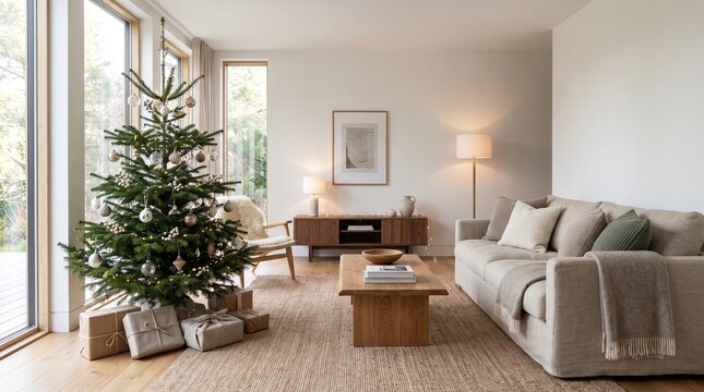 A cozy living room decorated for Christmas, featuring a beautifully adorned tree, wrapped presents, a comfortable sofa, and a warm, inviting ambiance.