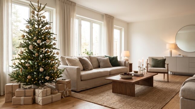 A cozy living room bathed in soft natural light, featuring a beautifully decorated Christmas tree adorned with ornaments and gifts piled at its base.