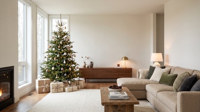 A beautifully decorated Christmas tree stands proudly in a cozy, modern living room, adorned with ornaments and gifts, evoking a warm and festive holiday spirit.