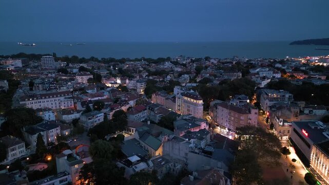 Aerial view of Varna seaside city center and Black Sea bay at twilight, Bulgaria