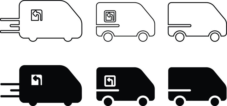 Delivery van and cargo vehicle icon set in black and outline styles for logistics and courier services