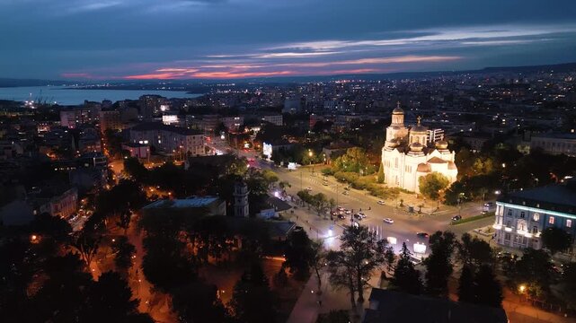 Dormition of the Theotokos Cathedral illuminated at twilight in Varna Bulgaria