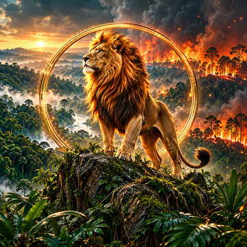 Golden Lion in a Tropical Rainforest Wildfire Fantasy Scene