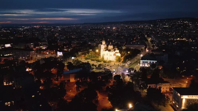 Dormition of the Theotokos Cathedral illuminated at twilight in Varna Bulgaria