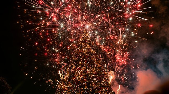 Spectacular fireworks explode above a dark cityscape, celebrating a festive occasion with vibrant colors and joyful atmosphere