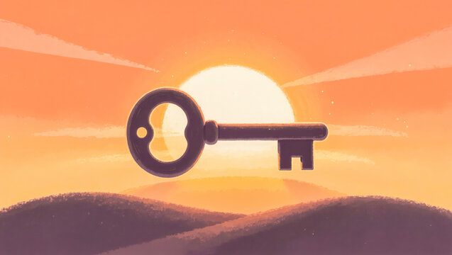 Illustration of large key over hills at sunset with copy space
