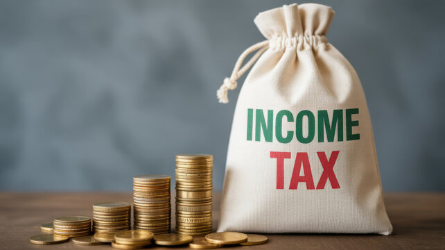 Income tax bag with stacked coins for finance concept