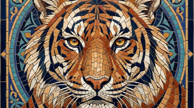 Intricate mosaic art portrait featuring a majestic tiger head with vibrant orange black and blue geometric tile patterns
