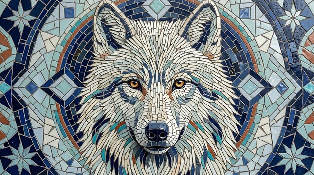 Intricate mosaic wall art featuring a detailed portrait of a majestic wolf face with blue and earth tones