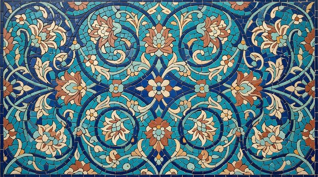 Intricate persian mosaic tile pattern featuring traditional blue and brown floral motifs