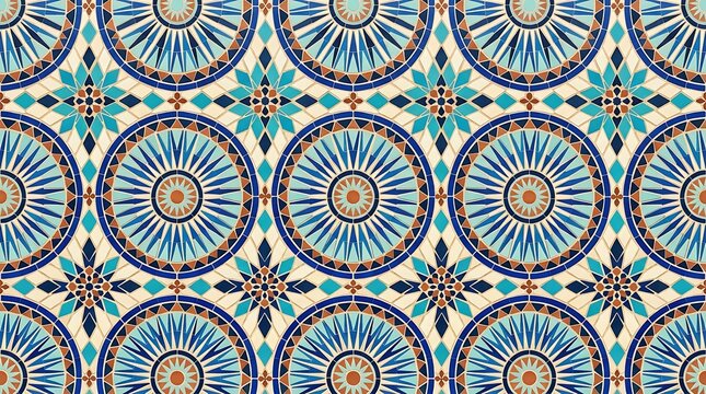 Seamless moroccan tile pattern with intricate geometric circles and floral star motifs in blue and orange