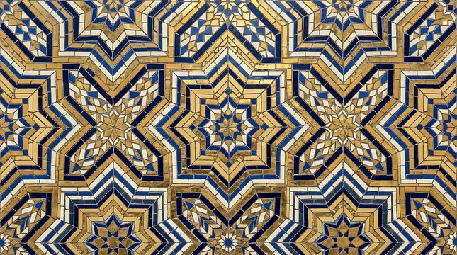 Traditional middle eastern geometric ceramic tile pattern with blue gold and white star shapes