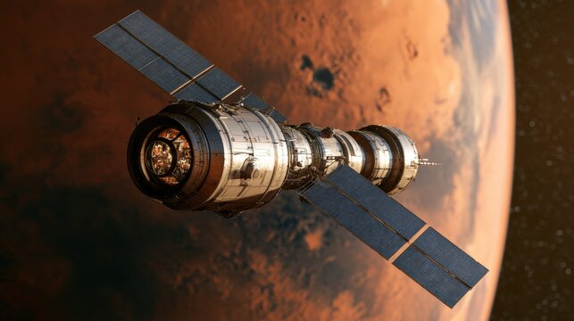 Large crewed interplanetary spacecraft is moving in deep space with habitat windows showing crew members on a journey to Mars.