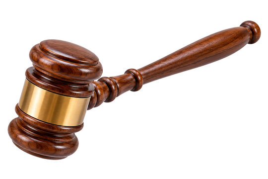 Wooden courtroom gavel with gold band symbolizing justice and authority