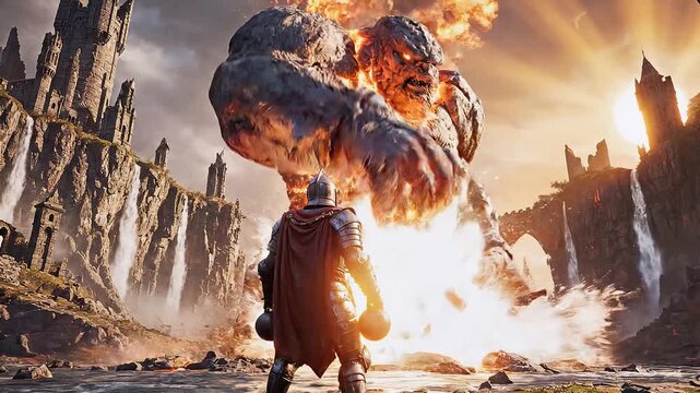 armored knight in a red cape prepares to hurl an explosive bomb at a colossal molten magma rock golem threatening a cliffside fortress amidst cascading waterfalls