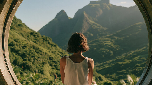 Woman Looking at Mountain Landscape Through Circular Window