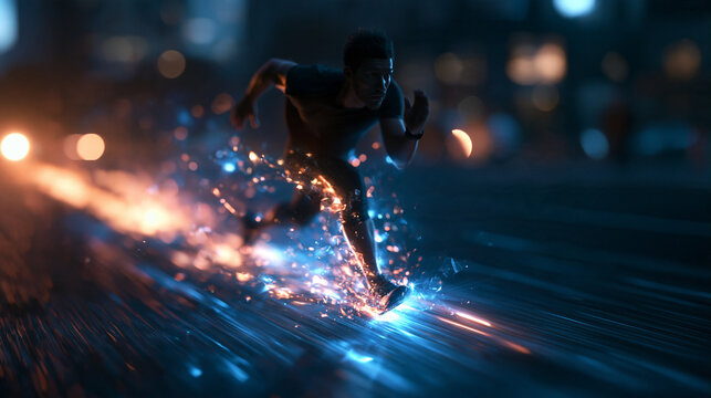 Futuristic Athlete Sprinting Fast with Glowing Energy Trail
