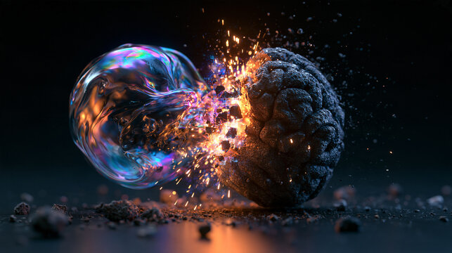 Brain Colliding With Colorful Bubble Representing Creative Breakthrough