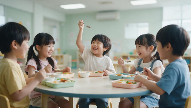 Happy Children Eating Lunch Together in Kindergarten Classroom