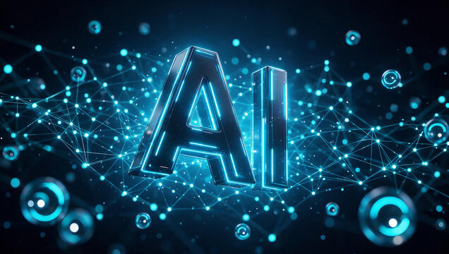 Glowing AI Symbol on Futuristic Digital Neural Network