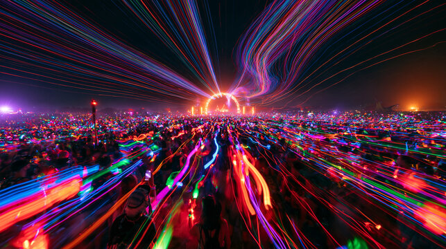 Crowd Dancing at Music Festival with Colorful Light Trails