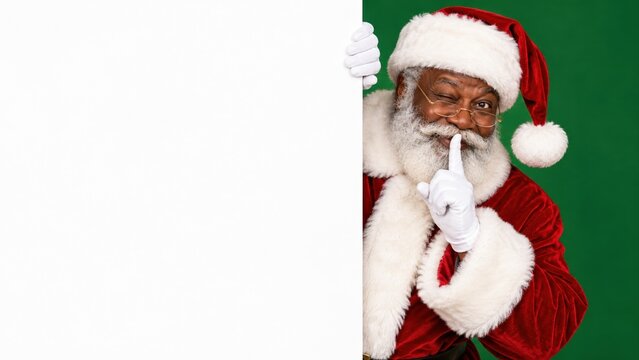 black santa claus winking at camera and making shushing gesture behind blank white banner on green background with copy space