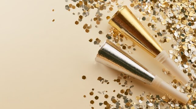 Sparkling gold party favors and confetti scattered across a light beige surface, celebrating festive moments with joyful ambiance