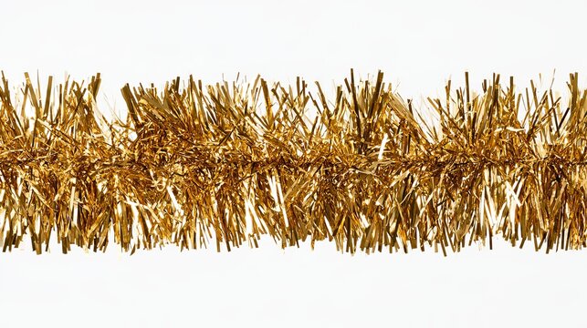 Golden tinsel garland elegantly arranged, festive decoration, glimmering texture, shimmering gold, celebratory detail, holiday sparkle, bright and joyful