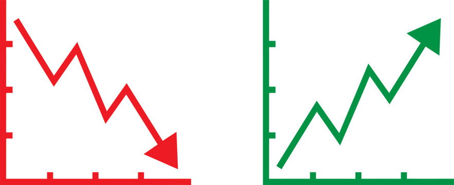 Red declining and green rising line graphs isolated on white background