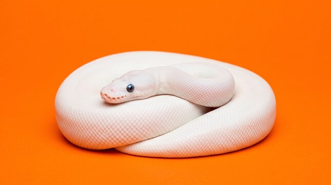 White ball python coiled on bright orange background