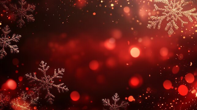 Sparkling golden snowflakes floating around rich red winter holiday background with magical glowing bokeh lights