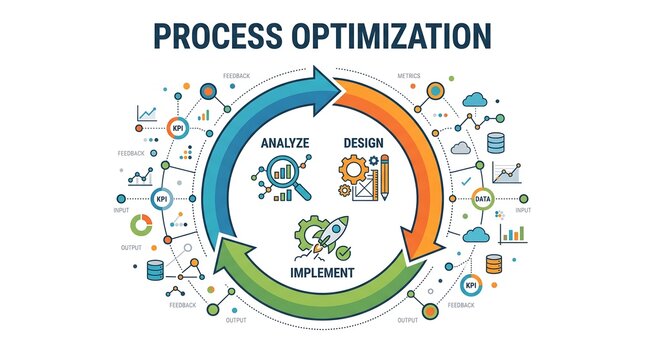 Process optimization and business workflow vector illustration featuring a circular cycle diagram with analyze, design, and implement steps, KPI metrics, and data icons