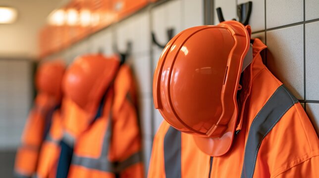 Orange hard hat and high visibility jacket hanging on hook in locker room