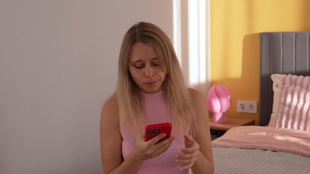 Anxious young woman hesitating before making a phone call, nervously looking at her smartphone. She finally calls someone but quickly hangs up when they answer, overwhelmed by fear and uncertainty