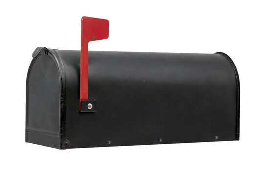 Classic black metal mailbox with a bright red flag raised, indicating new mail, isolated on a clean white background