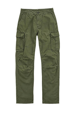 Pair of olive green cargo pants with multiple pockets, neatly laid flat on a clean white background